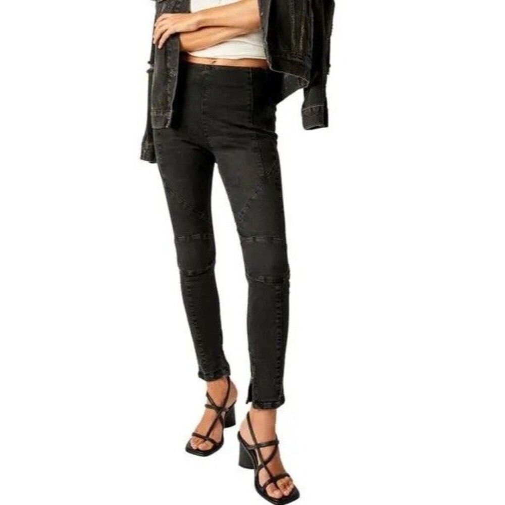 We The Free People Bella Moto Jeans Biker Black Washed High Rise Zip Skinny 28